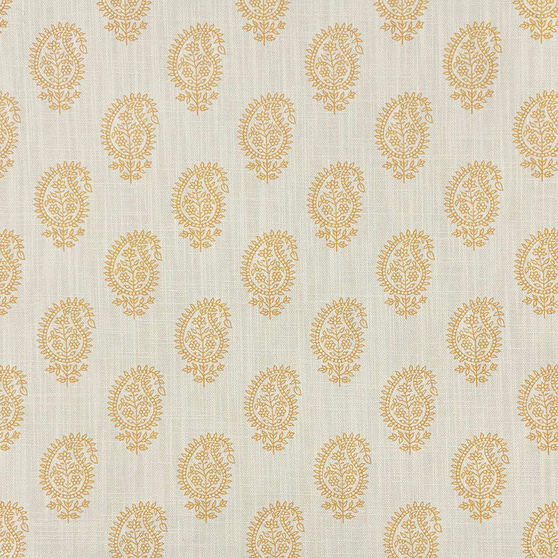 Ochre yellow paisley linen curtain fabric with a small Indian-inspired pattern repeat