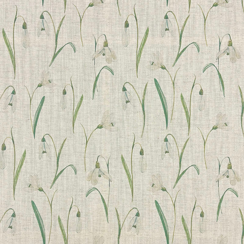 Snowbell Ivory floral linen curtain fabric with green snowdrop stems on a natural woven ground