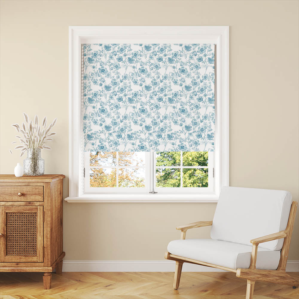 Duck Egg Blue Linen Curtain Fabric draping elegantly in a sunlit room
