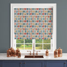 Artistic multicoloured curtain fabric blind with abstract painted squares.