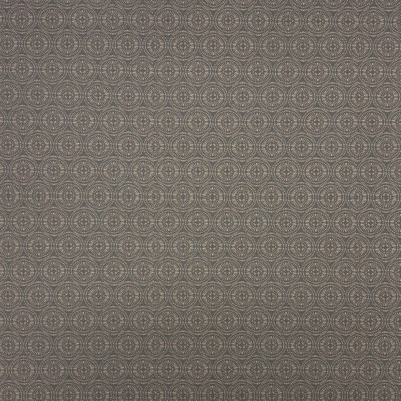 Solstace Brown Upholstery Fabric flat swatch showing solar circle design