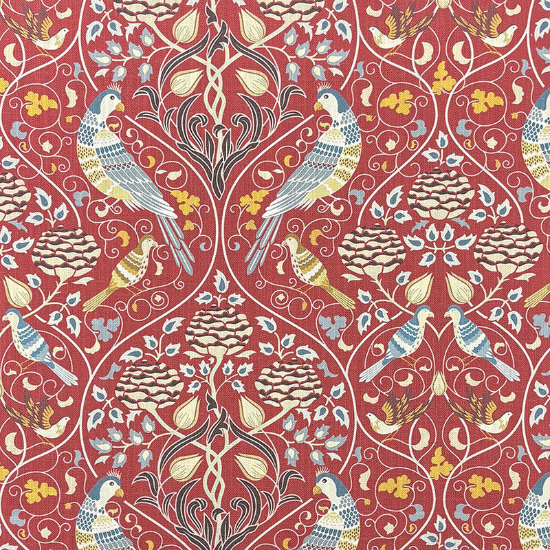 william morris curtain fabric with birds and floral arts and crafts pattern in red printed linen