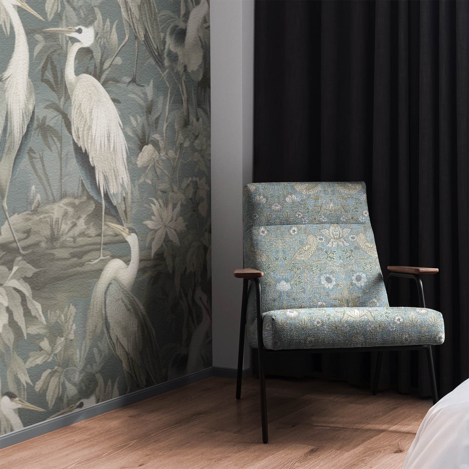 Songbird Upholstery Fabric in vibrant, cherry red, adds a pop of color to any room