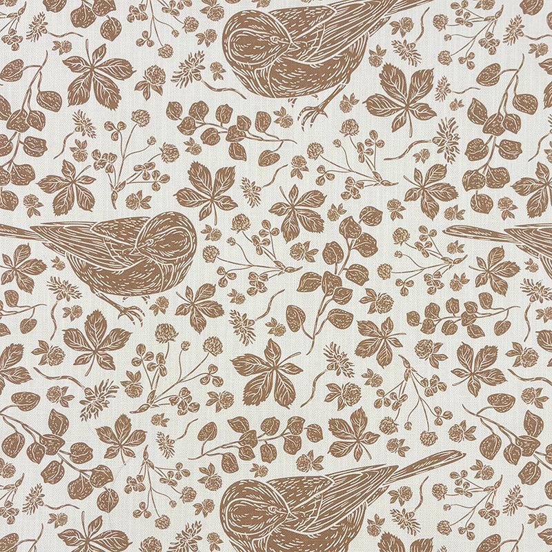 Sparrow bird linen curtain fabric flat image in natural brown with leaves and seed heads