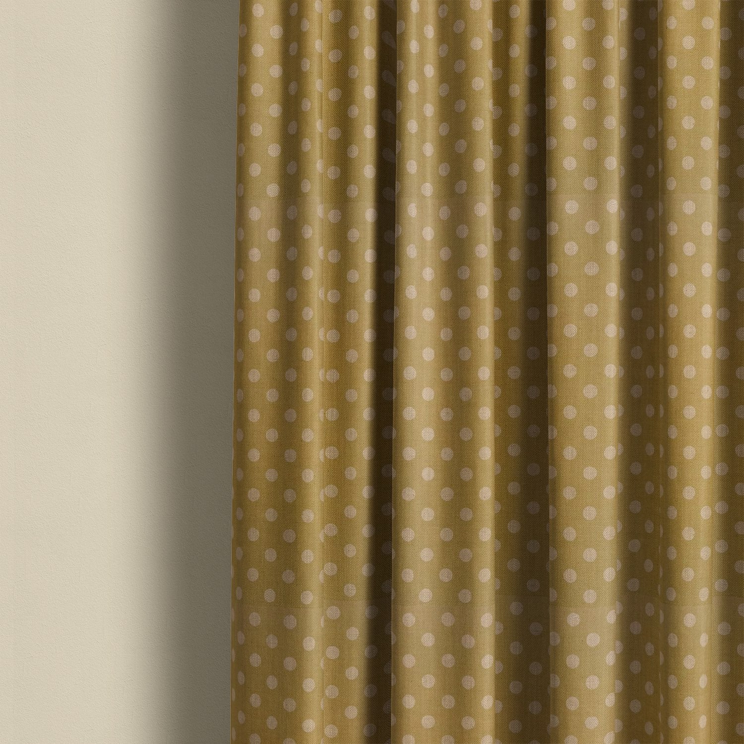 Ochre spot curtain fabric with playful polka dot design, ideal for modern living room or bedroom curtains
