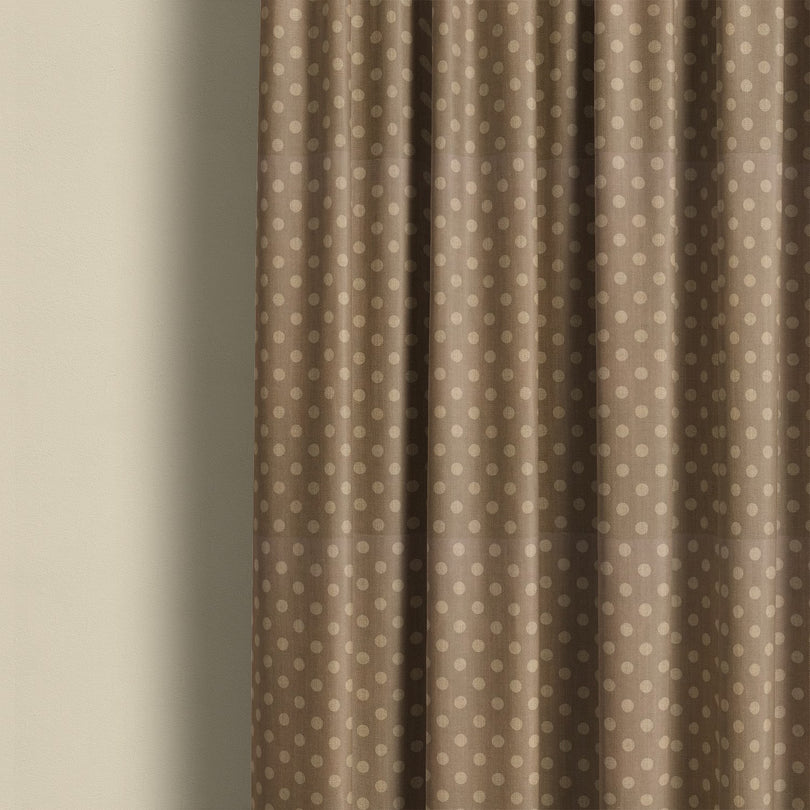 Taupe spot curtain fabric with timeless polka dots, versatile fabric for elegant and understated curtains