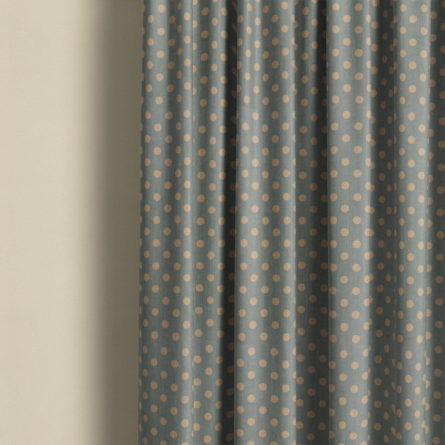 Teal spot curtain fabric featuring classic polka dot pattern, perfect for stylish contemporary window treatments