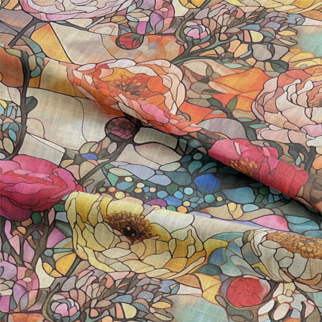 Vibrant and colorful stained glass fabric with intricate designs and textures