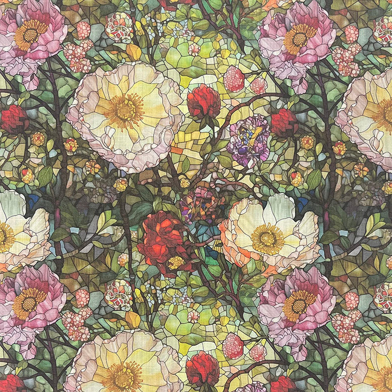 Beautiful and colorful stained glass fabric with intricate designs and vibrant hues for crafting and decorative projects