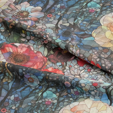 Beautiful and colorful stained glass fabric with intricate patterns and designs
