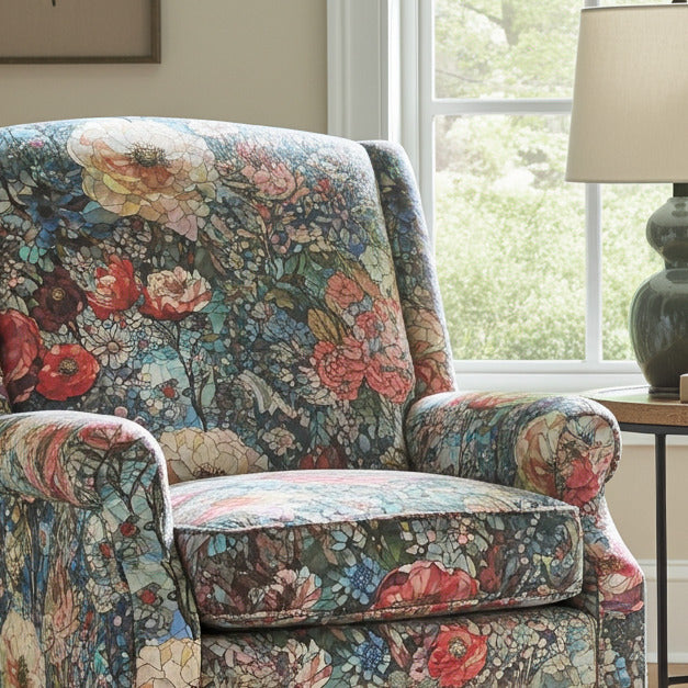Vibrant multicoloured floral upholstery fabric with a stained-glass effect on a lounge chair in a bright room