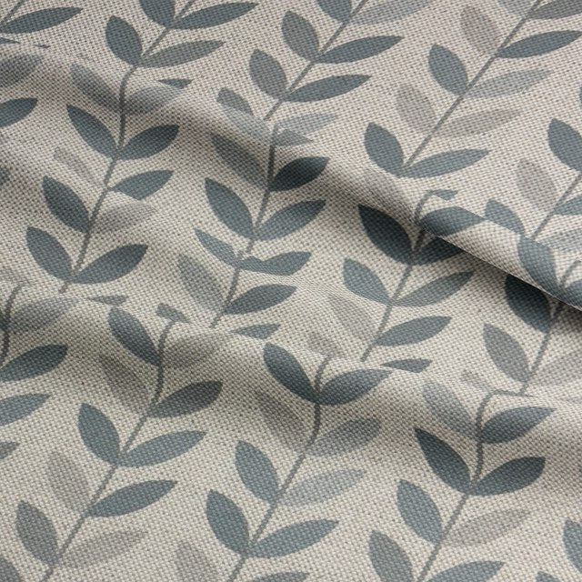 Duck Egg printed upholstery fabric – contemporary leaf pattern for sofas and chairs.