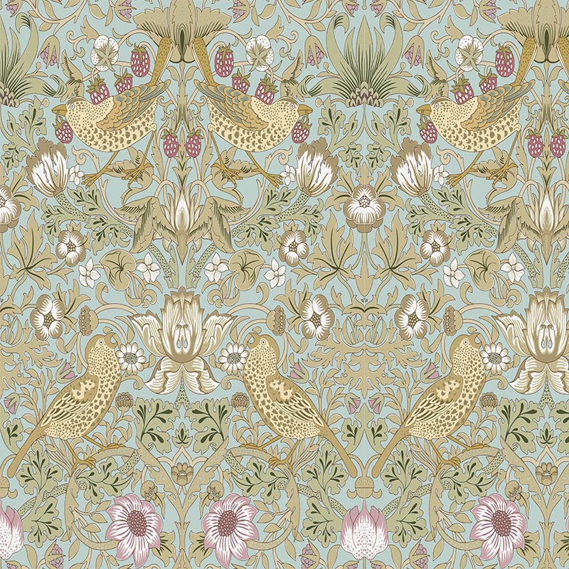 Duck egg Strawberry Thief velvet upholstery fabric with soft blue birds, leaves and fruit