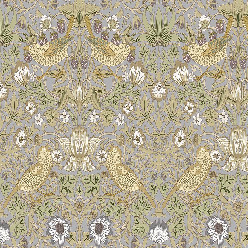 Grey William Morris Strawberry Thief velvet fabric with tonal birds and botanical pattern