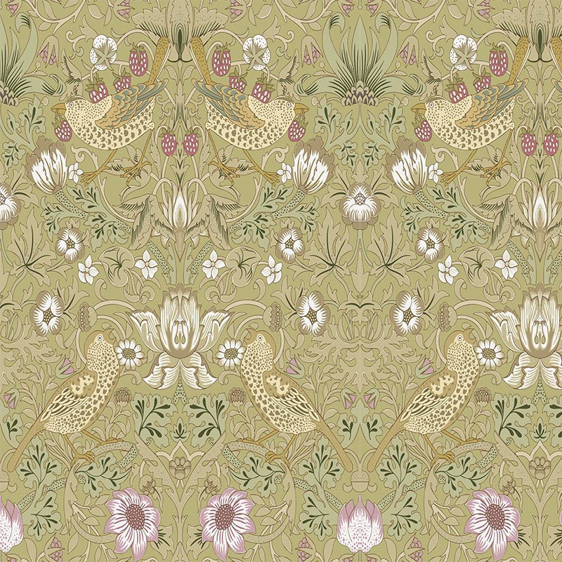 Kiwi green Strawberry Thief velvet upholstery fabric with vivid foliage, birds and strawberries