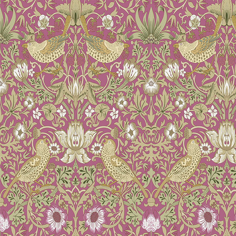 Magenta William Morris Strawberry Thief velvet fabric with rich pink birds and fruit motif