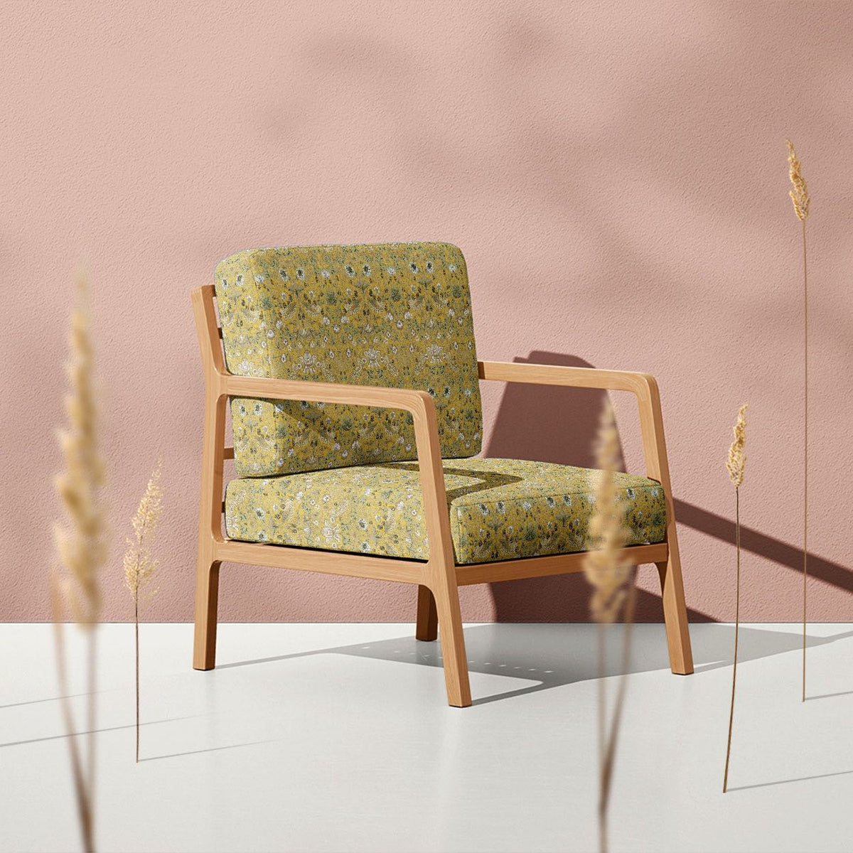 Ochre Strawberry Thief velvet upholstery fabric shown on a heritage-style chair