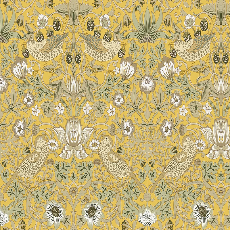 Ochre William Morris Strawberry Thief velvet fabric with golden birds, leaves and strawberries