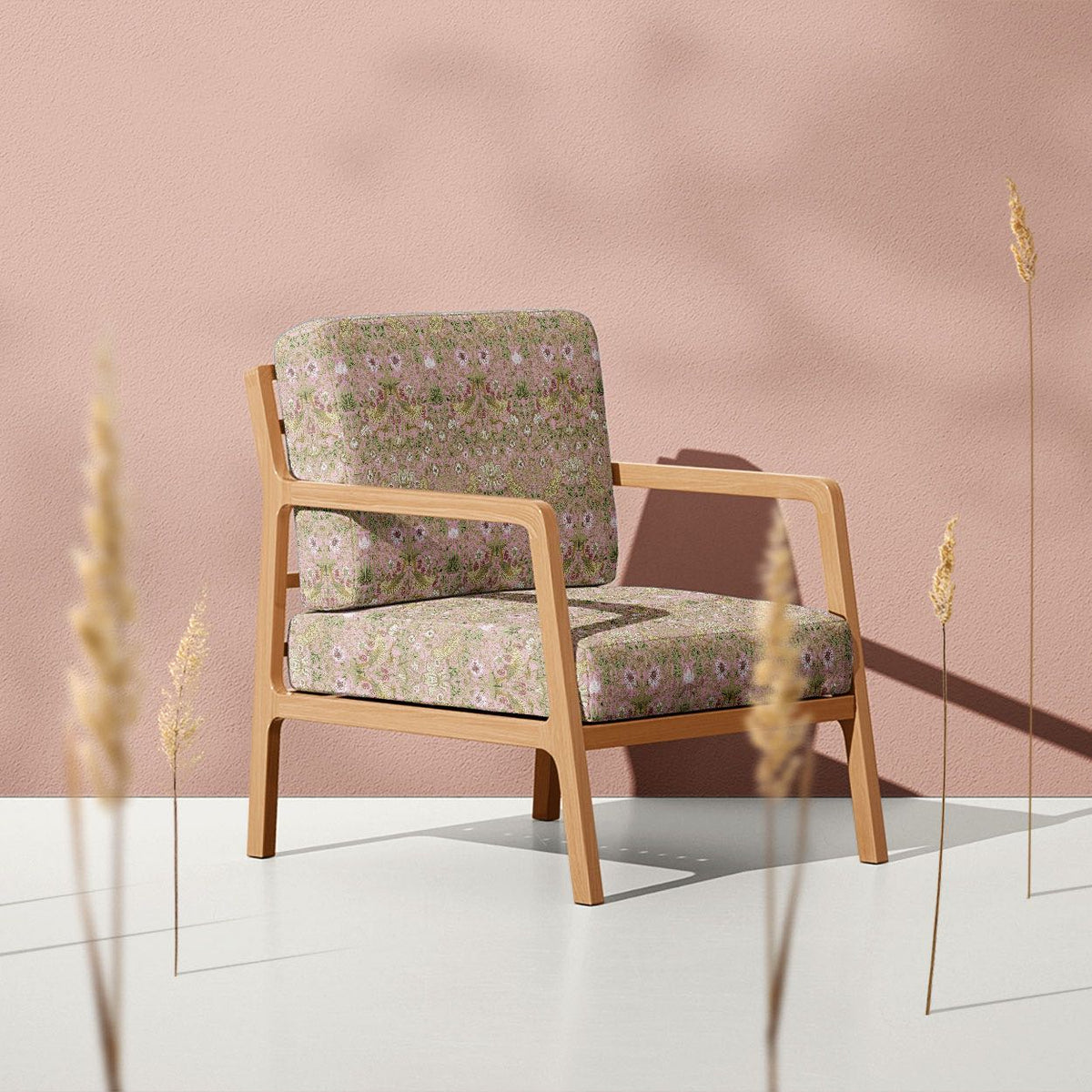 Pink William Morris Strawberry Thief Crib 5 velvet on an upholstered statement chair