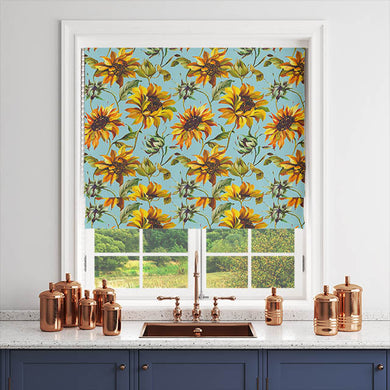 Elegant and vibrant sunflower cotton fabric in azure, ideal for curtain making