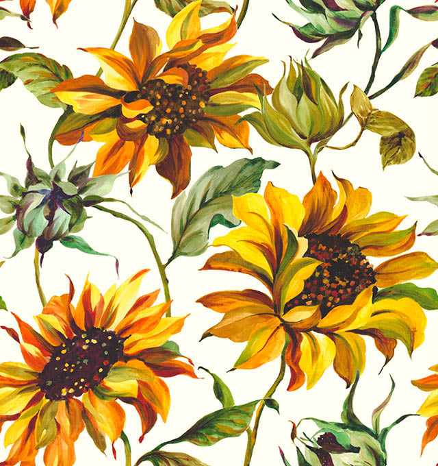 Sunflower Cotton Curtain Fabric - Ivory hanging on a window in a living room
