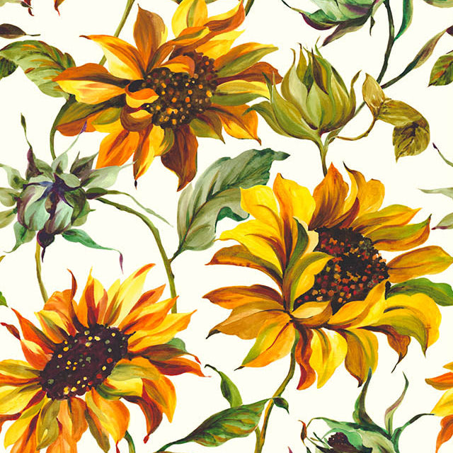 Sunflower Cotton Curtain Fabric - Ivory hanging on a window in a living room