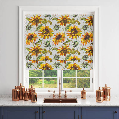 Silver sunflower cotton curtain fabric with soft and durable texture ideal for home decor