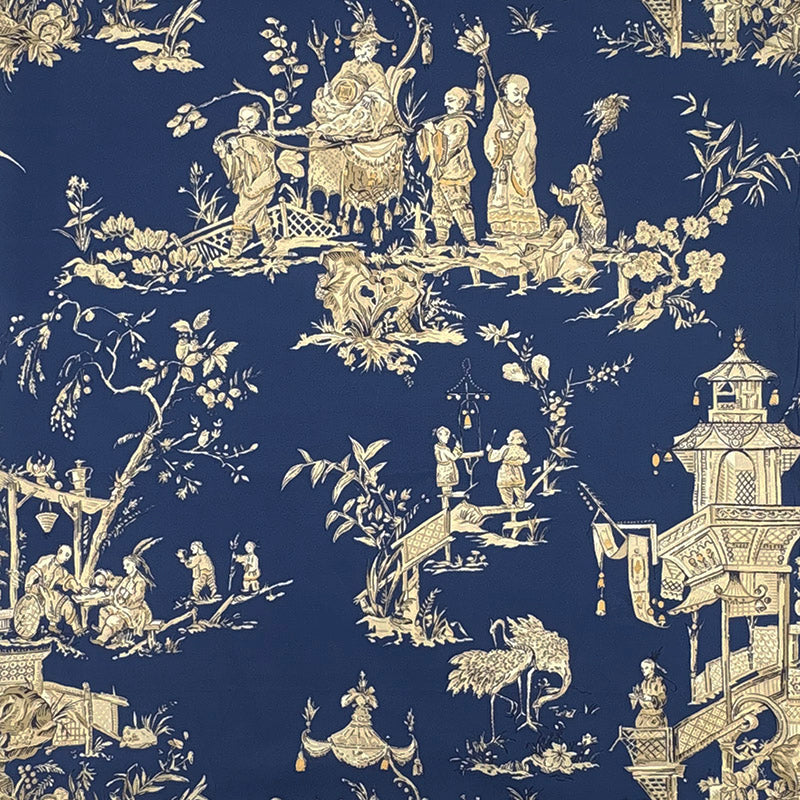 Romo Tea House curtain fabric royal blue Chinese toile pagoda design