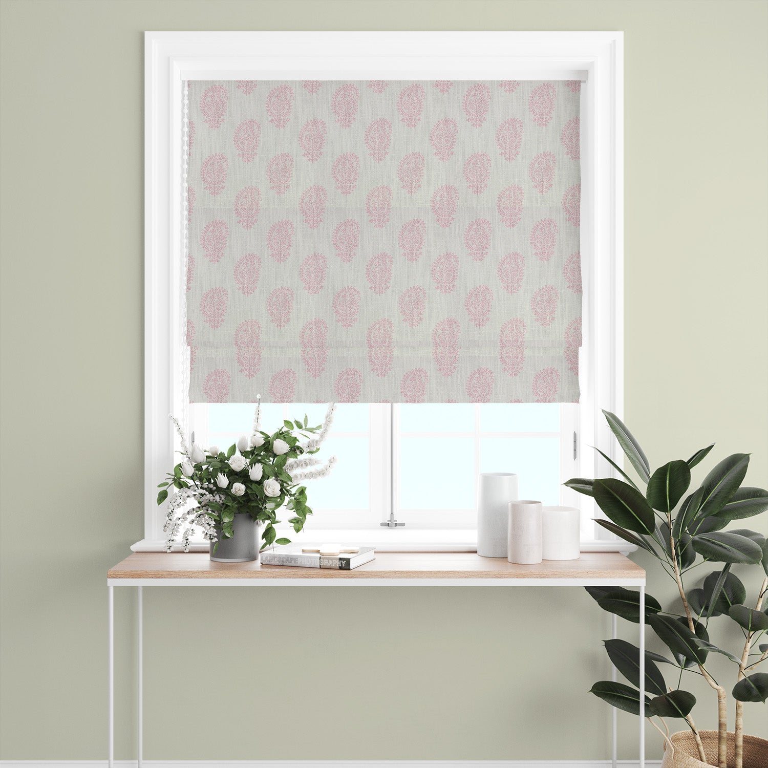 Teardrop Paisley Linen curtain fabric in blush pink, styled as a window blind for soft and elegant home interiors.