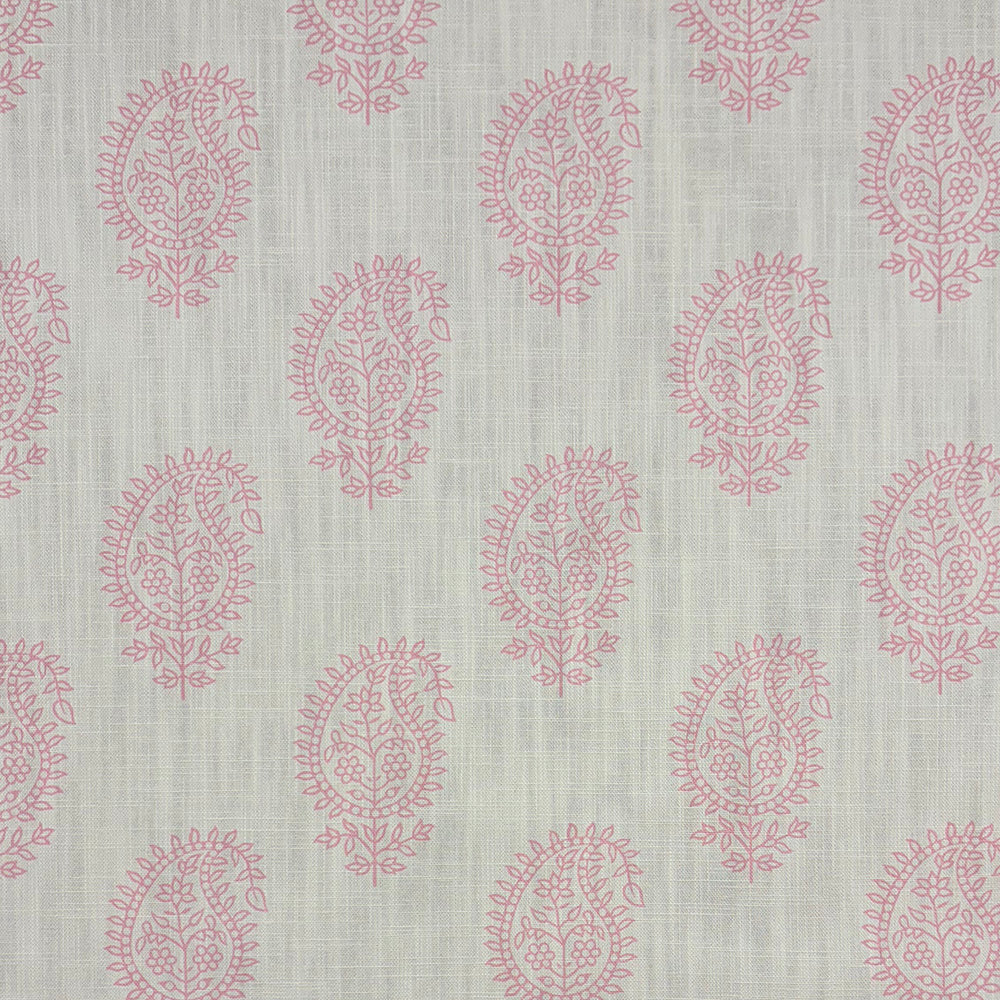 Teardrop Paisley Linen curtain fabric with delicate blush pink paisley pattern on a natural linen background.