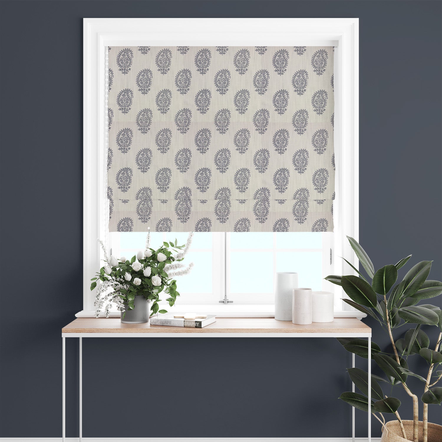 Teardrop Paisley Linen curtain fabric in navy blue, styled as a window blind for classic and sophisticated interiors.