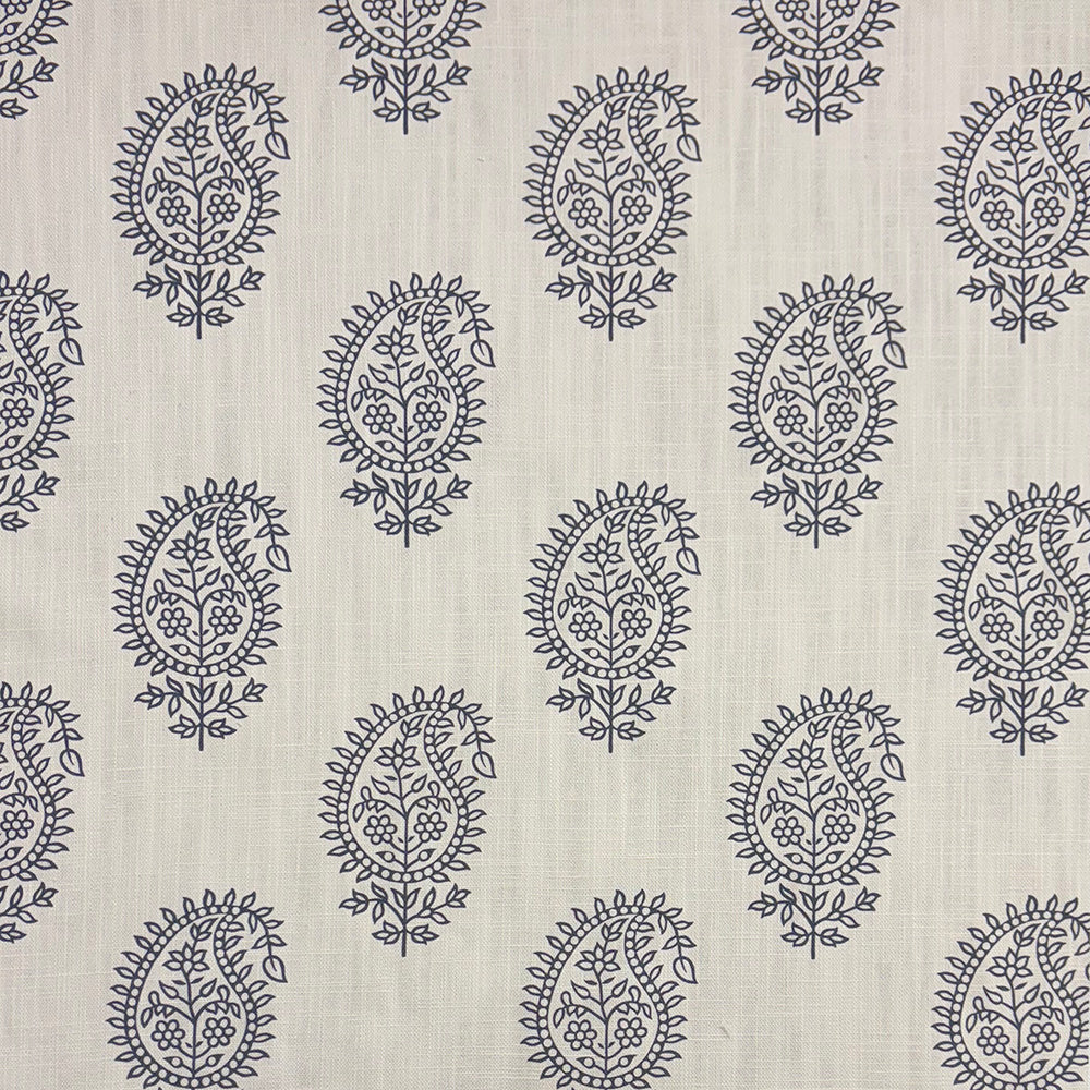 Teardrop Paisley Linen curtain fabric with intricate navy blue paisley pattern on a natural linen background.