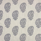 Teardrop Paisley Linen curtain fabric with intricate navy blue paisley pattern on a natural linen background.