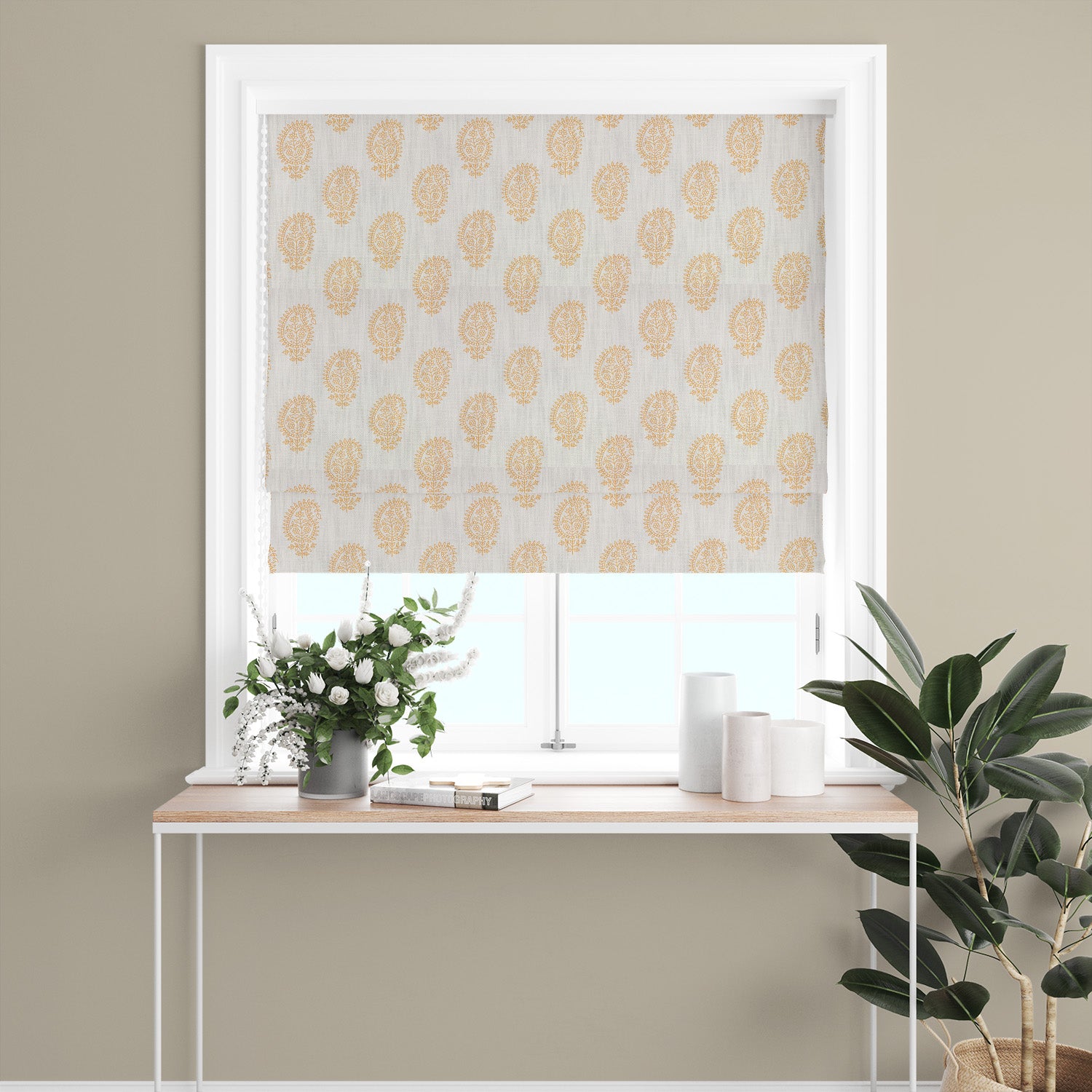 Teardrop Paisley Linen curtain fabric in ochre yellow, styled as a window blind for cozy and elegant interiors