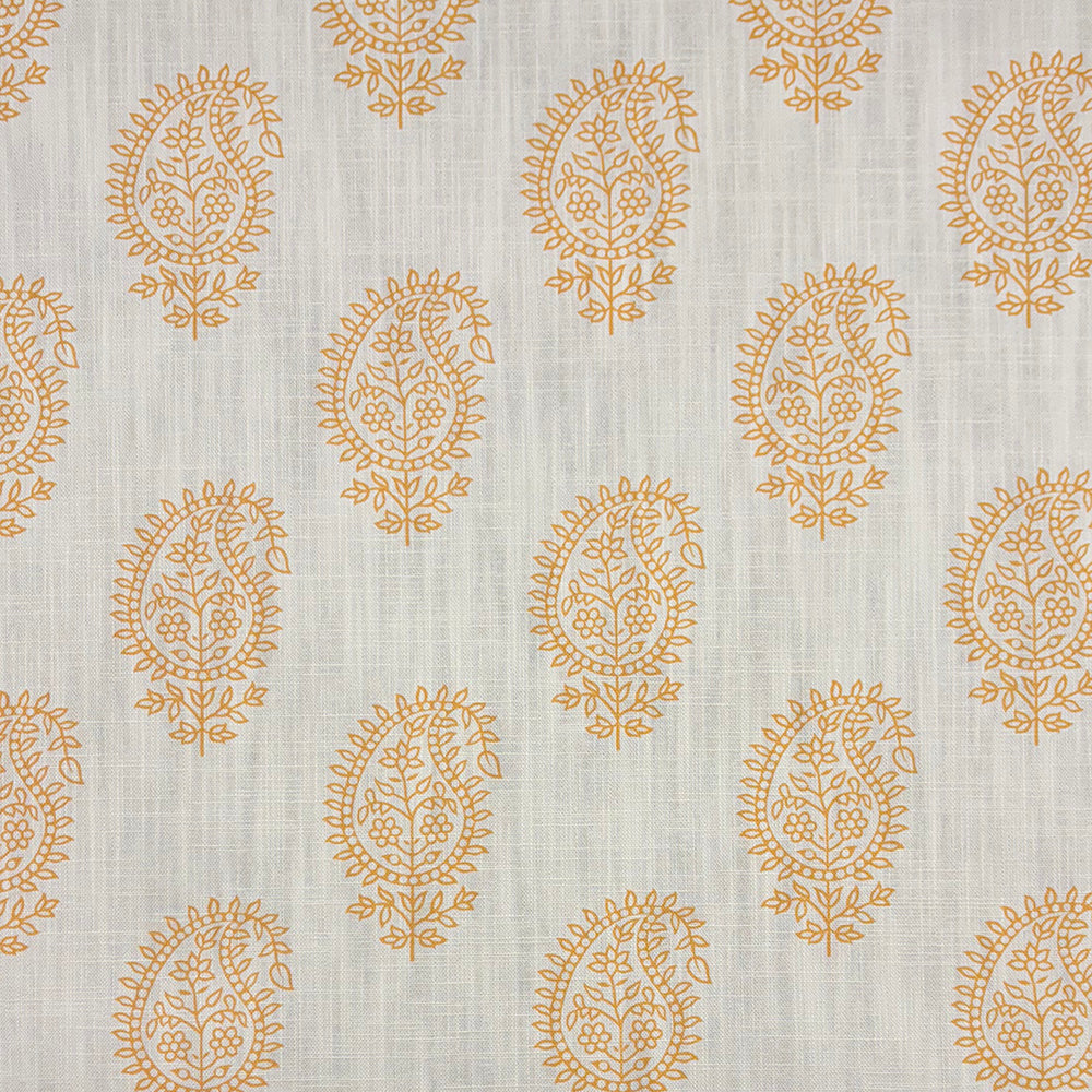 Teardrop Paisley Linen curtain fabric with warm ochre paisley pattern on a natural linen background.