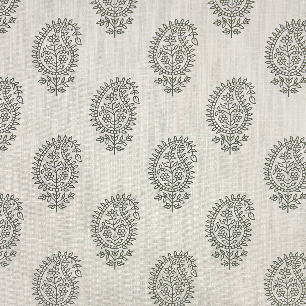 Teardrop Paisley Linen curtain fabric with soft sage green paisley pattern on a natural linen background.