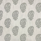Teardrop Paisley Linen curtain fabric with soft sage green paisley pattern on a natural linen background.