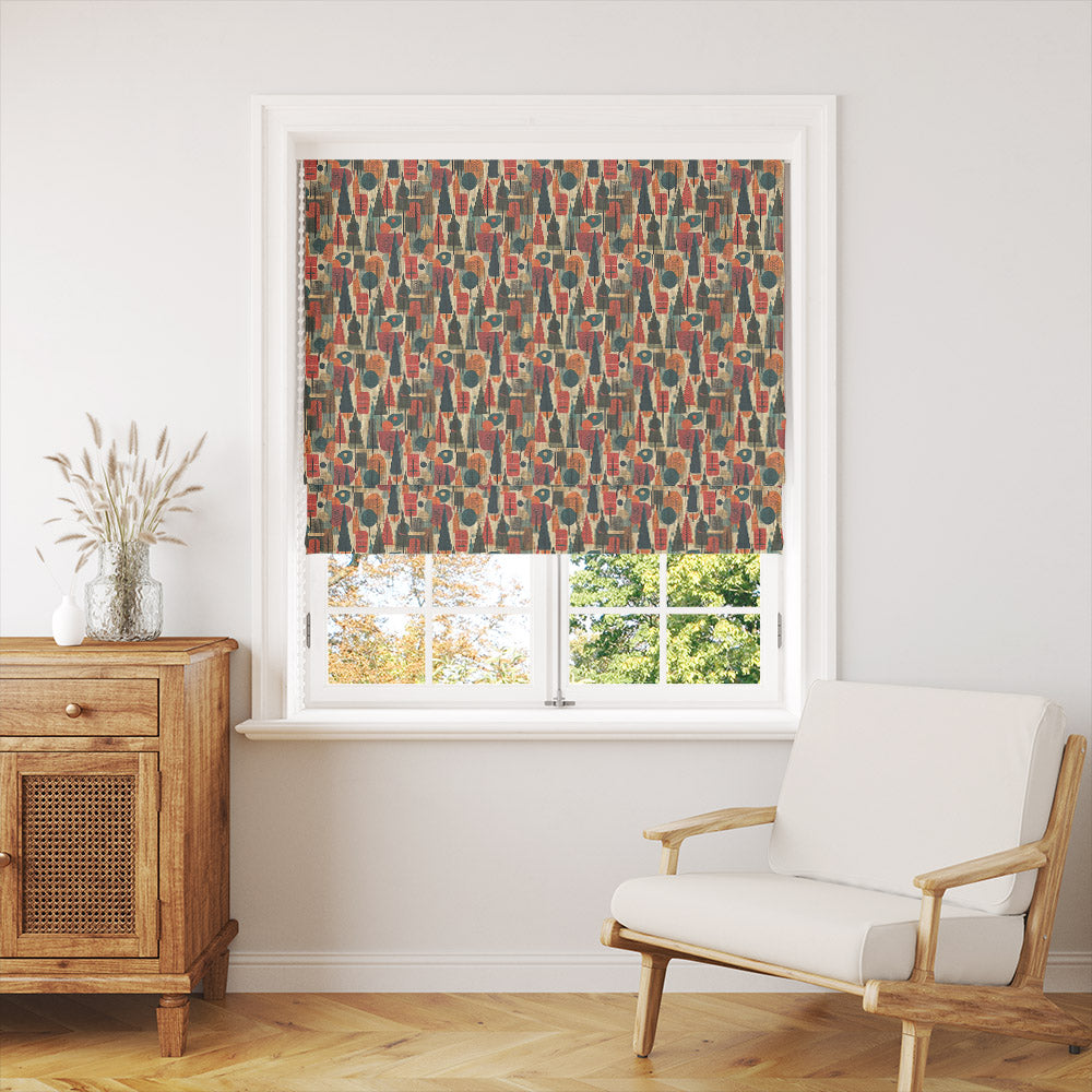 Autumn leaf linen curtain fabric in Thetford colourway made into roman blind in modern living room
