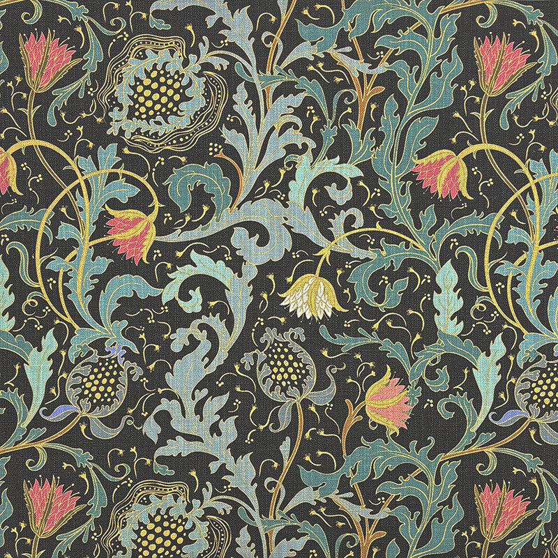 Thornsbury floral linen curtain fabric flat image in black teal, printed Newport White linen blend fabric by the metre for curtains and Roman blinds