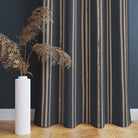 Navy linen curtain featuring natural hand-drawn stripe pattern