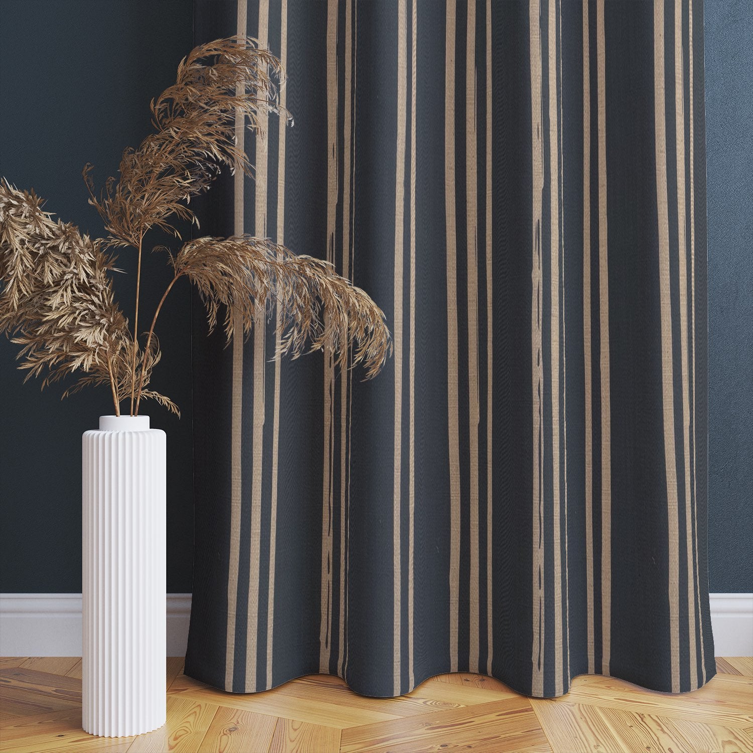 Navy linen curtain featuring natural hand-drawn stripe pattern