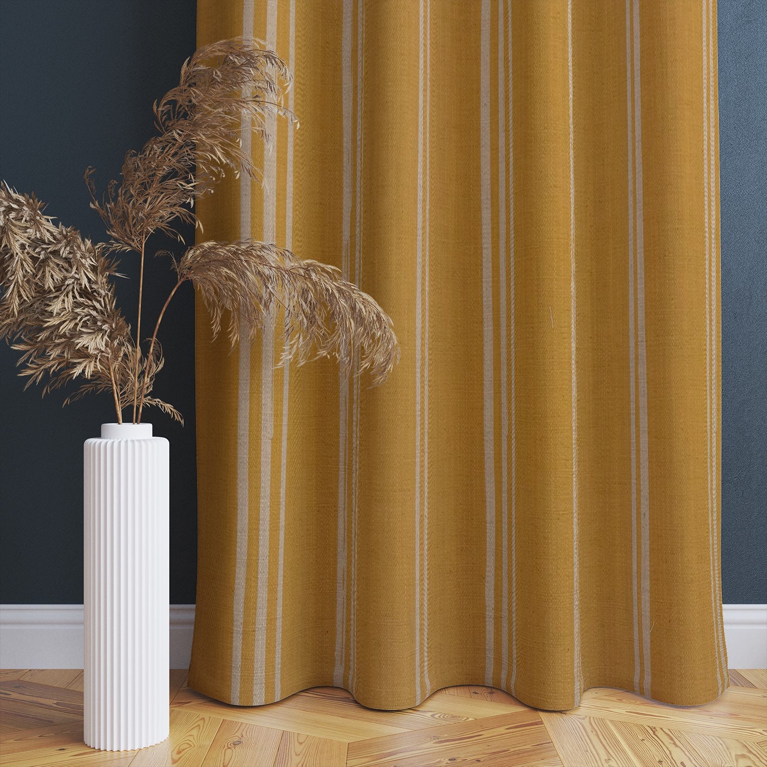 Ochre linen curtain with expressive vertical stripe design