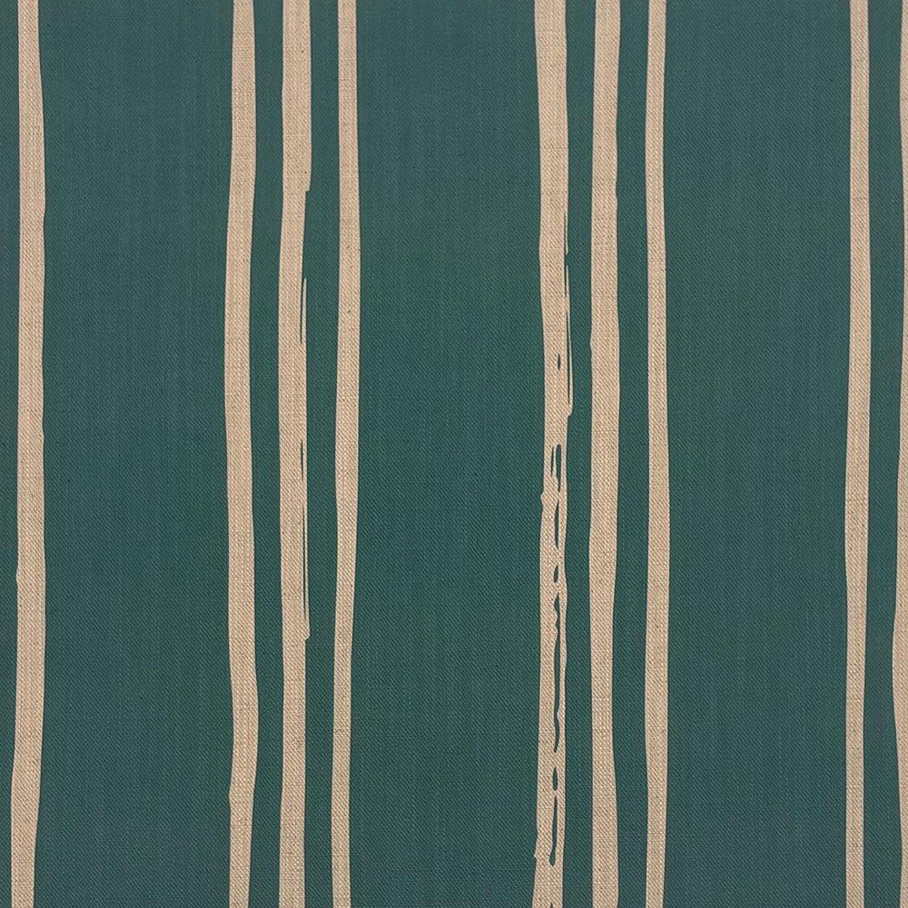 Teal striped linen curtain fabric with beige hand-drawn lines