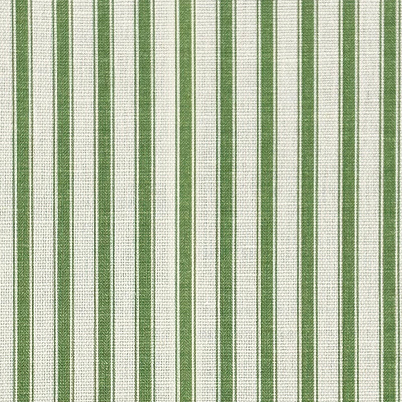Flat image of Ticking Stripe Upholstery Fabric in Fern green with woven vertical stripes for curtain and upholstery projects.