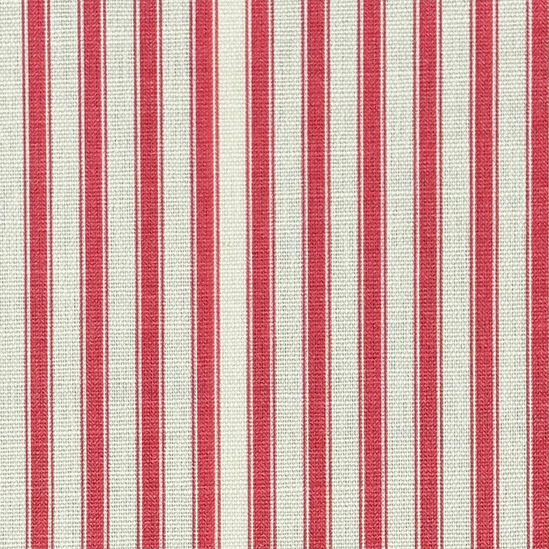 Flat image of Ticking Stripe Upholstery Fabric in warm Red with printed stripes on off-white for timeless upholstery.