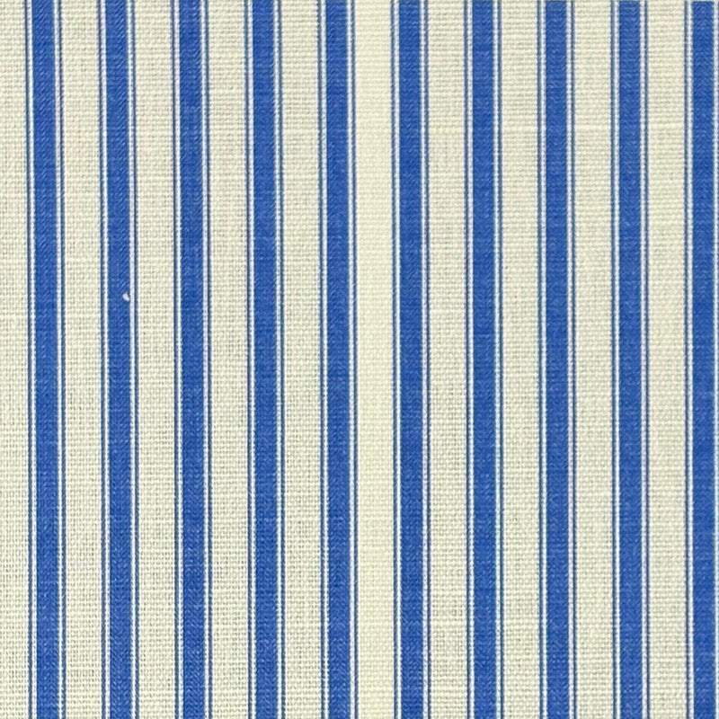 Flat image of Ticking Stripe Upholstery Fabric in Royal Blue with traditional ticking stripe pattern.