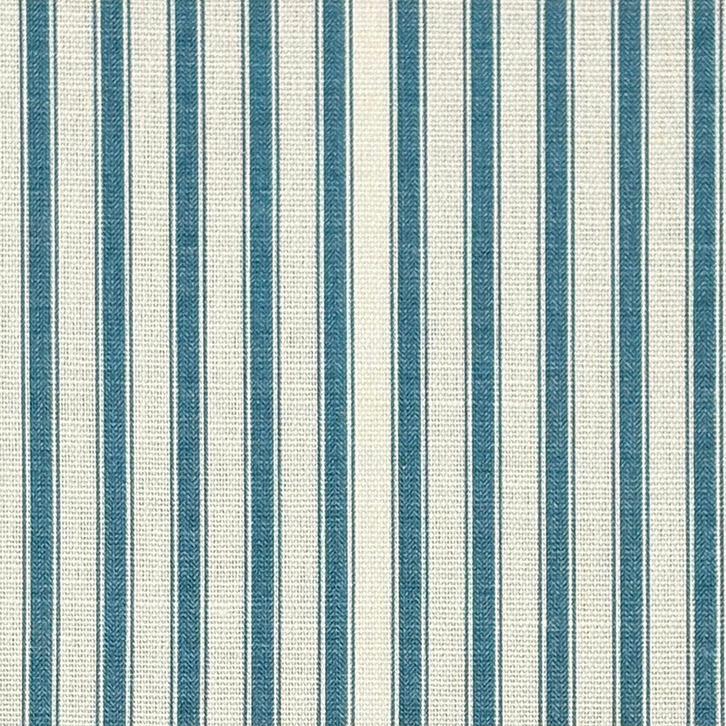 Flat image of Ticking Stripe Upholstery Fabric in Wedgewood blue with heritage-style stripes on soft base.