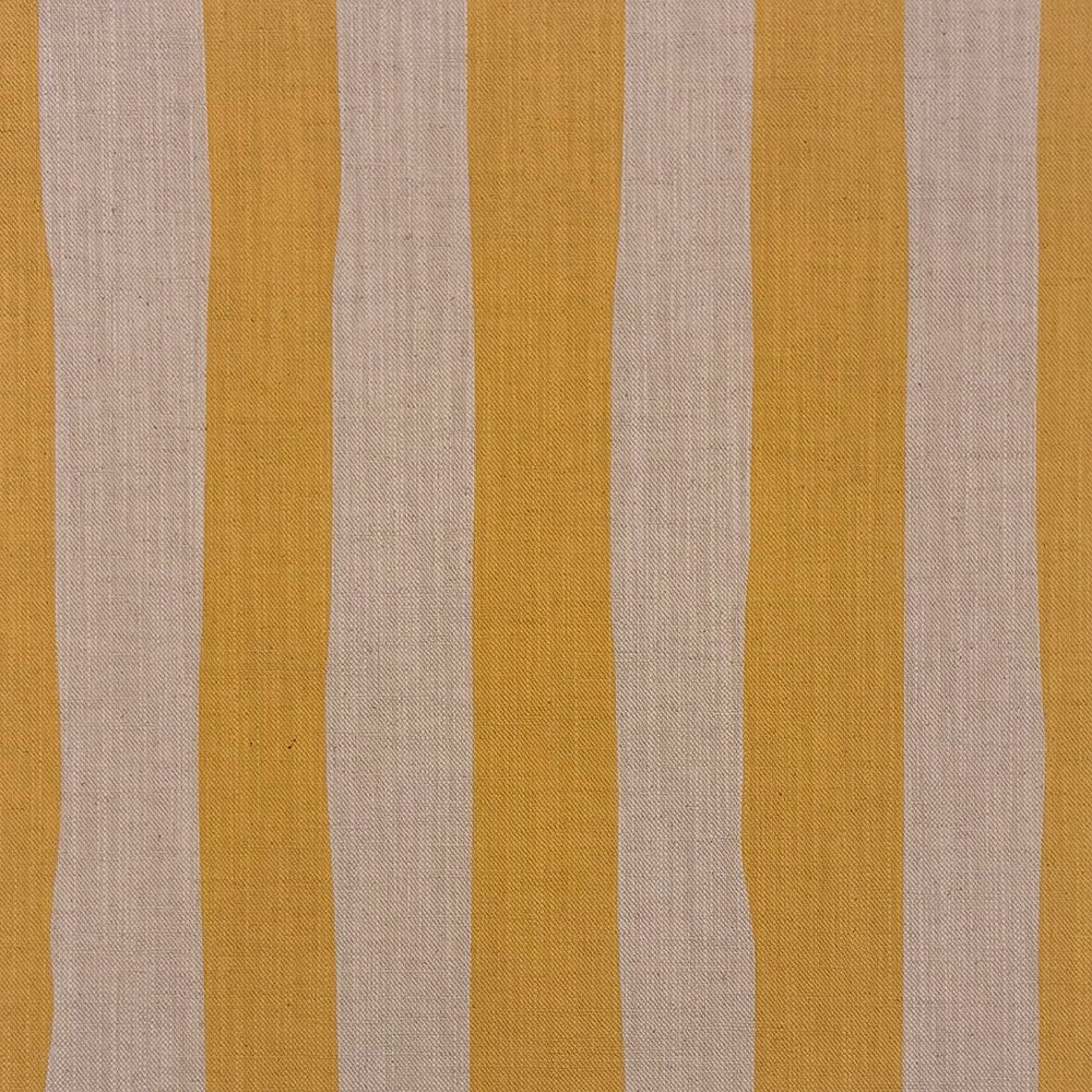 Flat image of Tirso Ochre striped linen curtain fabric with golden yellow hand-drawn stripes