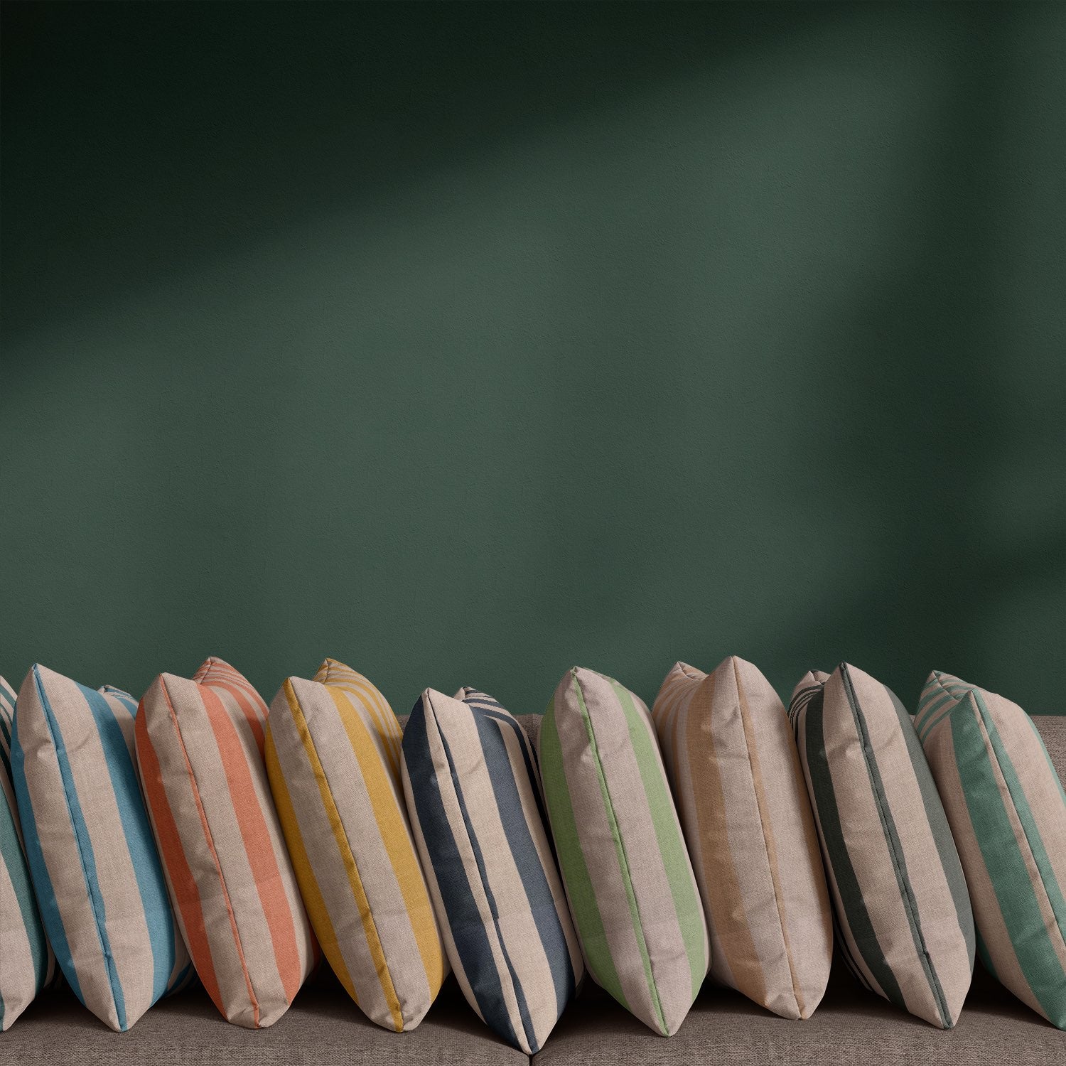 Tirso striped linen curtain fabric shown in 11 colourways with painterly stripe design