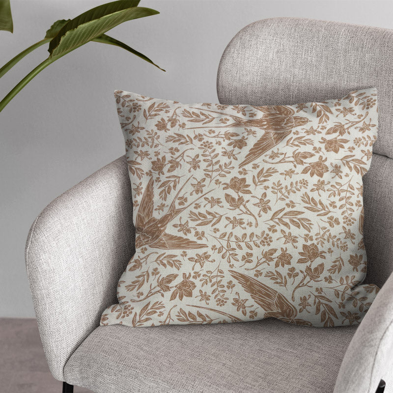 Tree Swallow linen curtain fabric cushion showing airy country bird print on Newport White linen